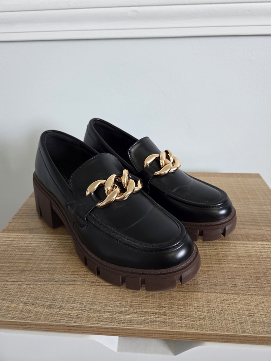 Tinstree Shoes - Black Chunky Chain-Accent Loafers